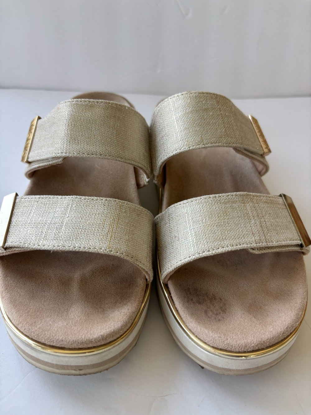 Vionic Womens Neutral Gold-Trim Slide Sandals